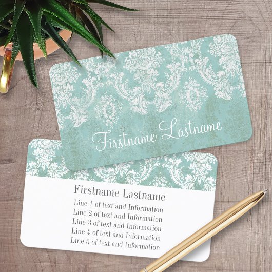 Ice Blue  Damask Pattern Extra Line of Text Visitekaartje