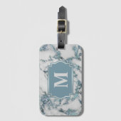 Ice Blue Faux Marble Glitter Monogram Bagagelabel (Voorkant (verticaal))