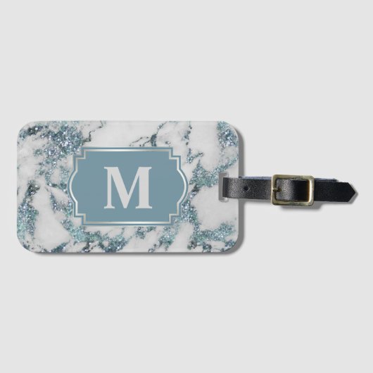 Ice Blue Faux Marble Glitter Monogram Bagagelabel (Voorkant (horizontaal))