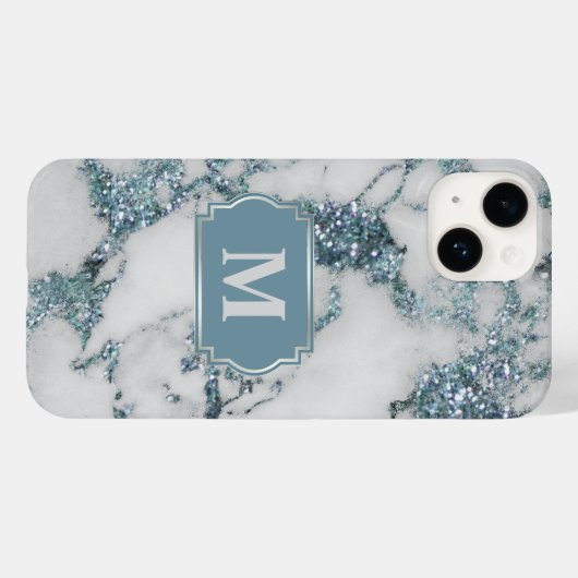 Ice Blue Faux Marble Glitter Monogram Case-Mate iPhone Case (Achterkant (horizontaal))