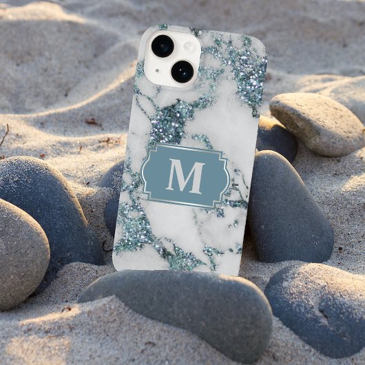 Ice Blue Faux Marble Glitter Monogram Case-Mate iPhone Case