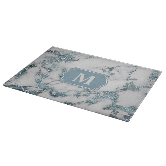 Ice Blue Faux Marble Glitter Monogram Snijplank (Hoek)