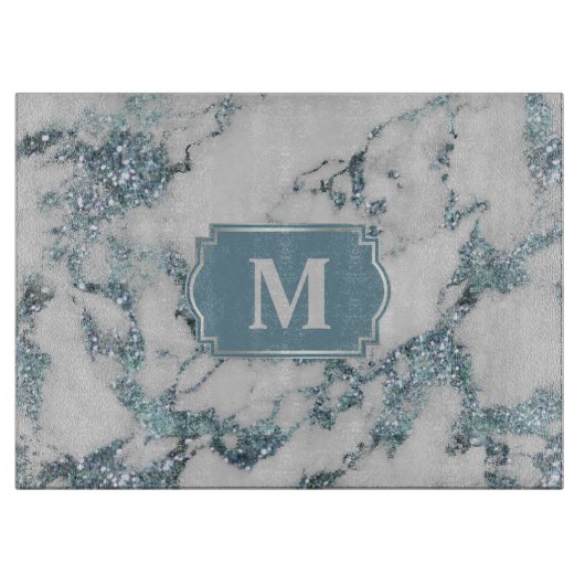 Ice Blue Faux Marble Glitter Monogram Snijplank (Voorkant)