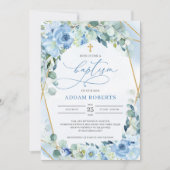 Ice Blue Floral Gold Geometrisch Lijst Jongensdoop Kaart (Voorkant)