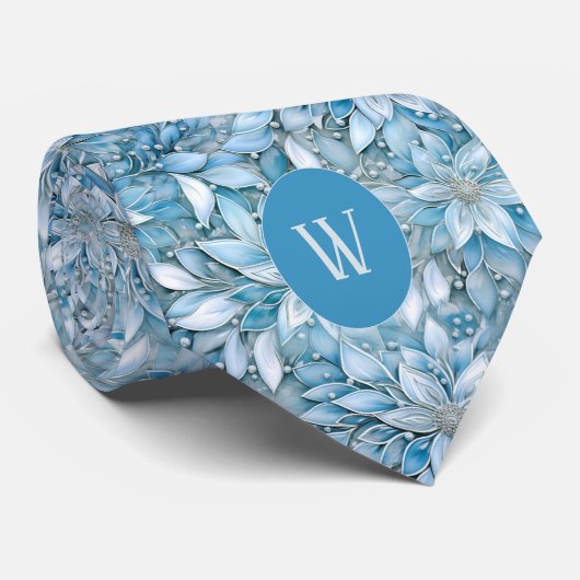 Ice Blue Floral Monogram Stropdas (Opgerold)