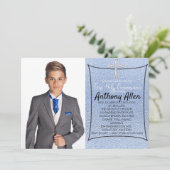 Ice Blue Foil Foto First Heilige Communie Kaart (Staand voorkant)