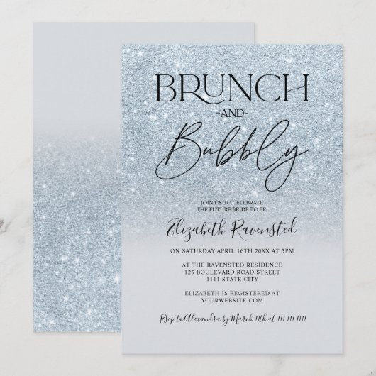 Ice blue glitter chic brunch bubbly vrijgezellenfe kaart (Voorkant / Achterkant)