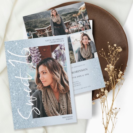 Ice blue glitter ombre script 4 foto's Sweet 16 Kaart