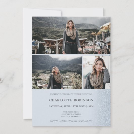 Ice blue glitter ombre script 4 foto's Sweet 16 Kaart (Achterkant)