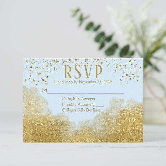 Ice Blue Gold Confetti RSVP Weddenschap Response (Staand voorkant)
