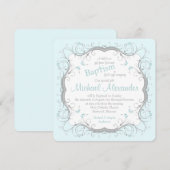 Ice Blue Gray Scroll Floral Baptism Invitation Kaart (Voorkant / Achterkant)