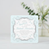 Ice Blue Gray Scroll Floral Baptism Invitation Kaart (Staand voorkant)