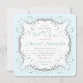 Ice Blue Gray Scroll Floral Baptism Invitation Kaart (Voorkant)