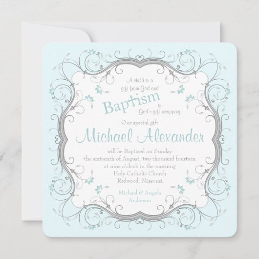 Ice Blue Gray Scroll Floral Baptism Invitation Kaart (Voorkant)