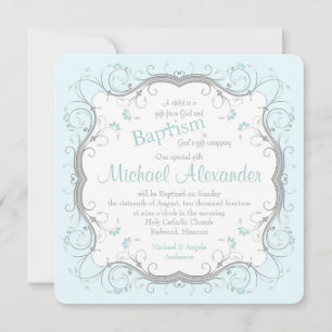Ice Blue Gray Scroll Floral Baptism Invitation Kaart