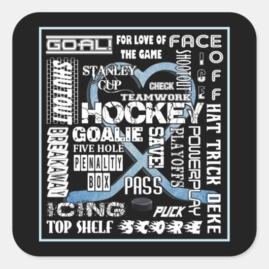 Ice Blue Heart Hockey Words White Logo Vierkante Sticker (Voorkant)