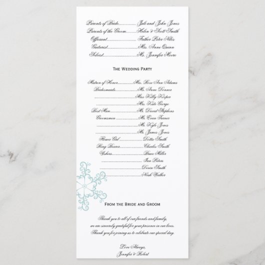 Ice Blue Heart Snowflake Wedding Programma Programmakaart (Achterkant)