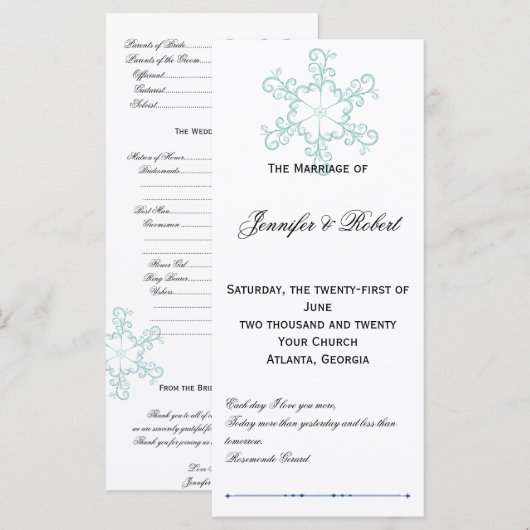 Ice Blue Heart Snowflake Wedding Programma Programmakaart (Voorkant / Achterkant)