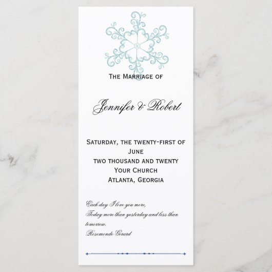 Ice Blue Heart Snowflake Wedding Programma Programmakaart (Voorkant)