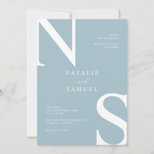 Ice Blue Minimalist & Elegant Bold Initiaal Bruilo Kaart (Voorkant)