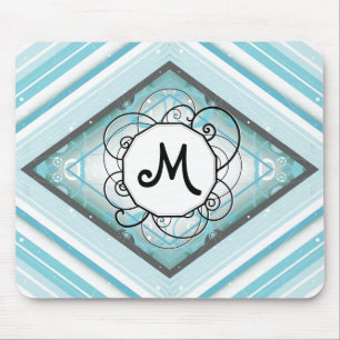 Ice Blue Modern-Retro Stripe Diamond met monogram Muismat