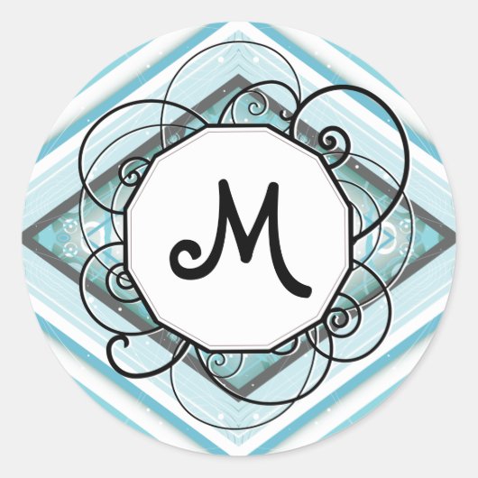 Ice Blue Modern-Retro Stripe Diamond met monogram Ronde Sticker (Voorkant)