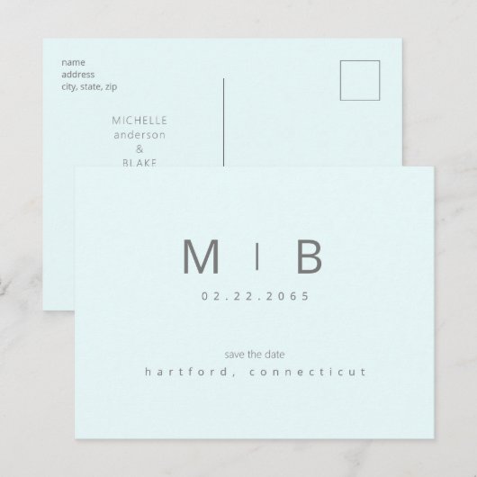 Ice Blue Monogram Wedding Save the Date Briefkaart (Voorkant / Achterkant)