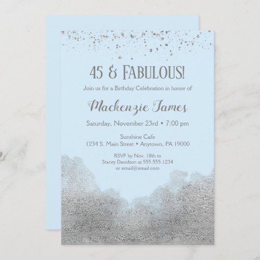 Ice Blue Silver Confetti Birthday Uitnodiging (Voorkant / Achterkant)