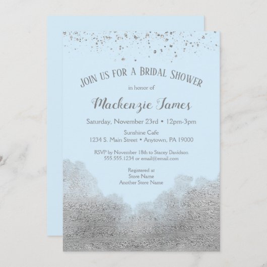 Ice Blue Silver Confetti Bridal Shower-uitnodiging Kaart (Voorkant / Achterkant)