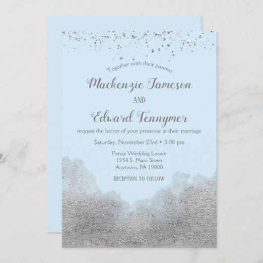 Ice Blue Silver Confetti Wedding Invitation Kaart (Voorkant / Achterkant)