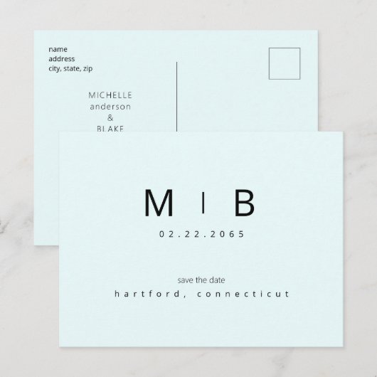 Ice Blue Tropical Monogram Bruiloft Save the Date Briefkaart (Voorkant / Achterkant)