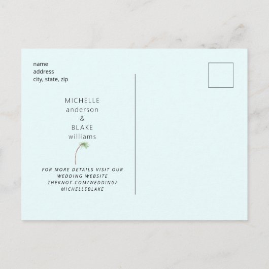 Ice Blue Tropical Monogram Bruiloft Save the Date Briefkaart (Achterkant)