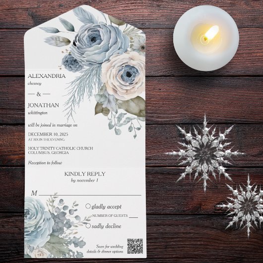 Ice Blue Winter Bloemen QR-code All In One Uitnodiging