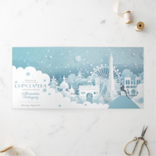 Ice Blue Winter in Paris Quinceañera Tri-Fold Invi Drieluik Uitnodiging