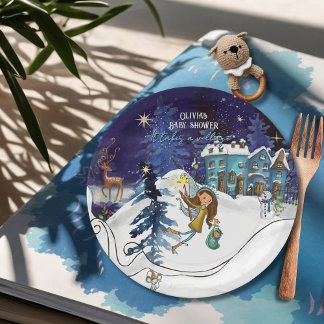 Ice Blue Winter Village Baby Shower | Swirl Frame Papieren Bordje