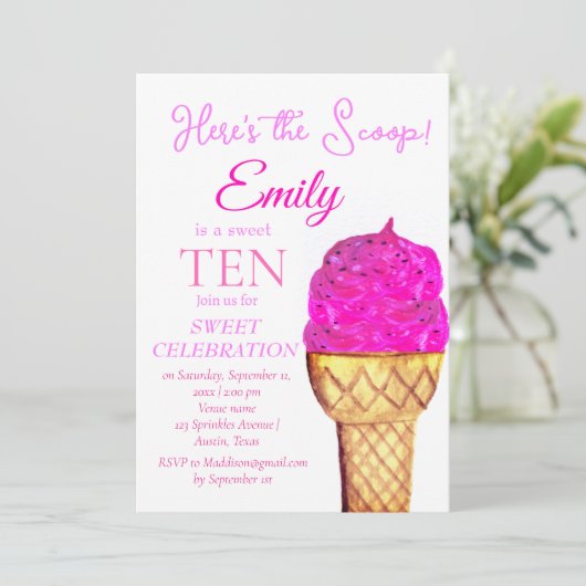 Ice Cream 10th Birthday Meisje Roze Waterverf Kaart (Staand voorkant)