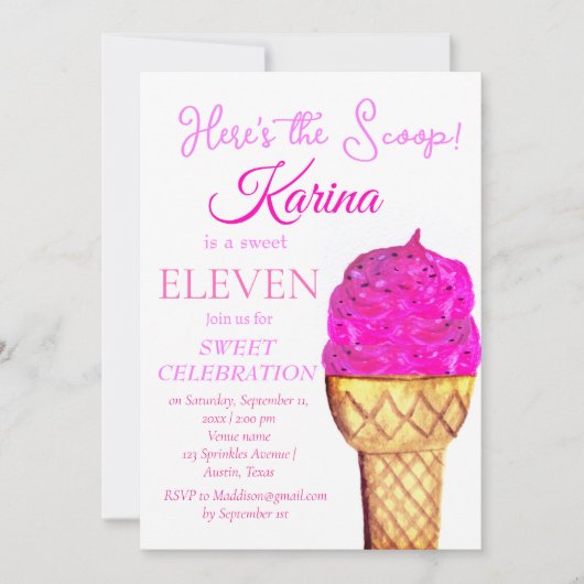 Ice Cream 11e Verjaardags Meisje Roze Waterverf Kaart (Voorkant)