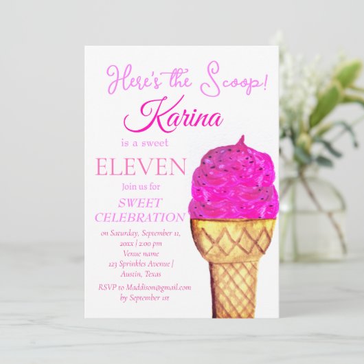 Ice Cream 11e Verjaardags Meisje Roze Waterverf Kaart (Staand voorkant)