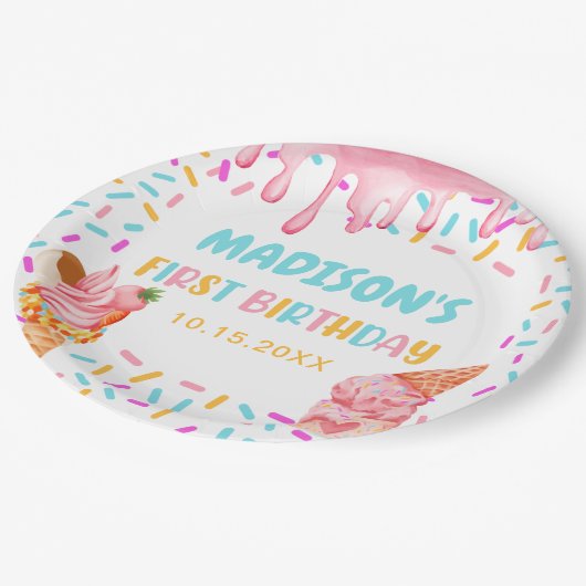 Ice Cream 1e verjaardag Papieren Bordje (Gekanteld)