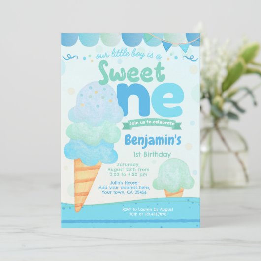 Ice Cream 1st Birthday Party Invitation Kaart (Staand voorkant)
