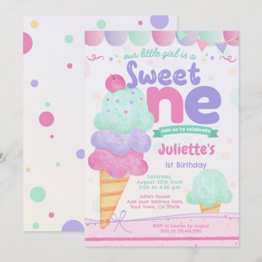 Ice Cream 1st Birthday Party Invitation Kaart (Voorkant / Achterkant)
