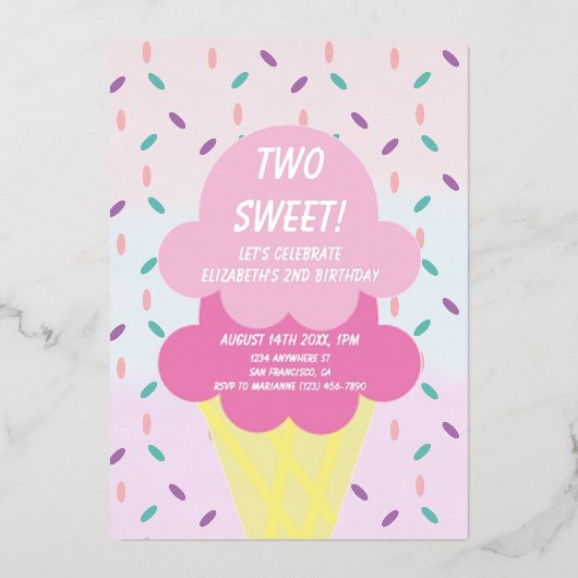 Ice Cream 2e verjaardag Folie Uitnodiging (Voorkant)