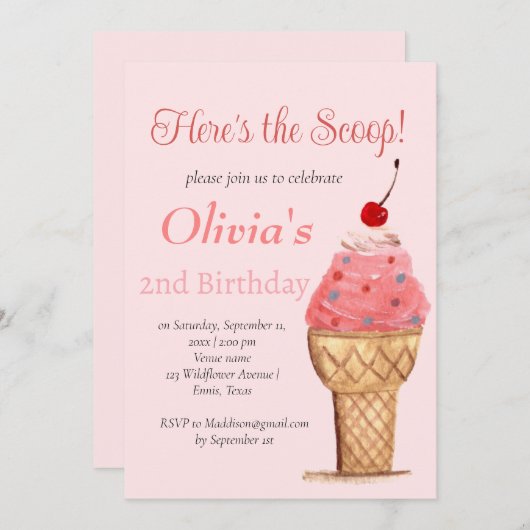Ice Cream 2e Verjaardags Meisje Roze Waterverf Kaart (Voorkant / Achterkant)