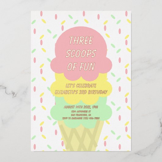 Ice Cream 3rd Birthday Folie Uitnodiging (Voorkant)