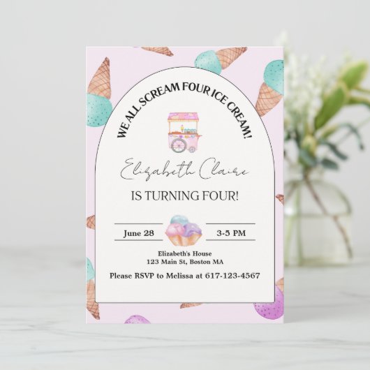 Ice Cream 4e verjaardag uitnodiging (Staand voorkant)