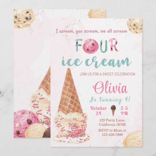 Ice Cream 4e Verjaardag Uitnodiging Icecream Uitno (Voorkant / Achterkant)