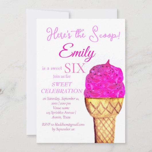 Ice Cream 6e Verjaardag Meisje Roze Waterverf Kaart (Voorkant)