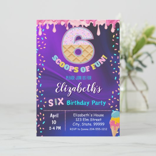 Ice Cream 6e verjaardagsfeest uitnodiging (Staand voorkant)