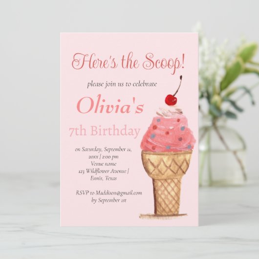 Ice Cream 7e Verjaardags Meisje Roze Waterverf Kaart (Staand voorkant)