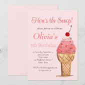 Ice Cream 7e Verjaardags Meisje Roze Waterverf Kaart (Voorkant / Achterkant)